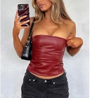 White Fox Well Behaved bustier vegan leather tube top gathered burgundy XS
